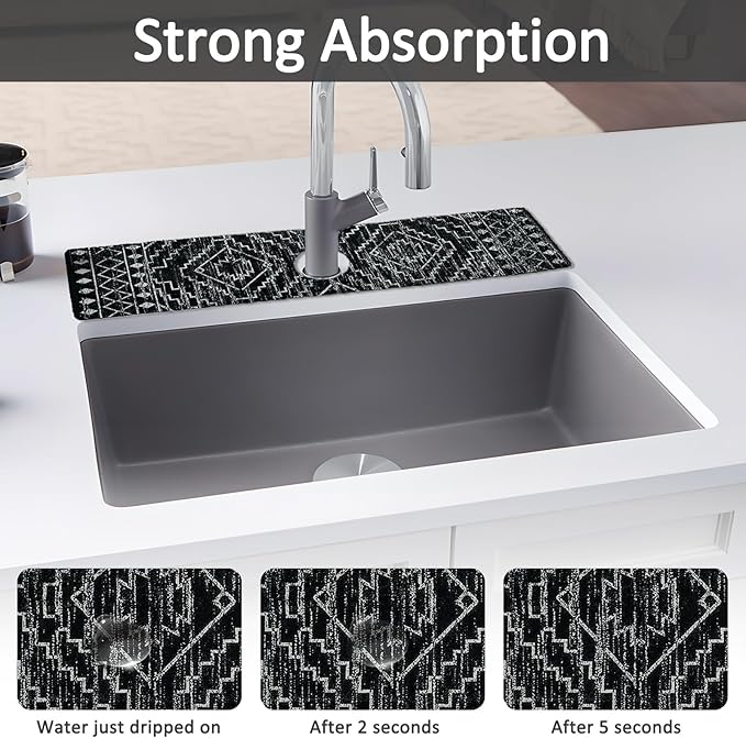 2PCS 24" X 5.5" Kitchen Sink Splash Guard Faucet Mat Aztec Super Absorbent Fast Drying Faucet Guard & Draining Mat Sink Splash Guard Behind Faucet for Kitchen, Bathroom