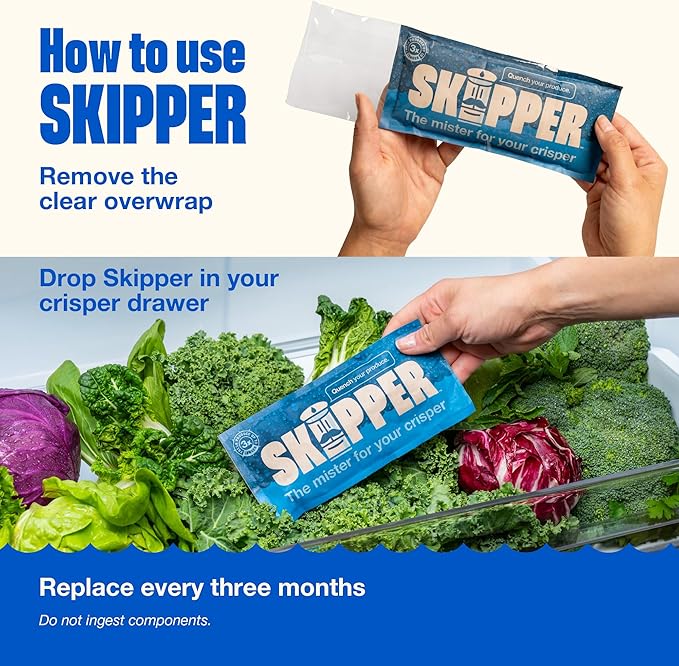 Skipper Fridge Hydration Pack | Keeps Vegetables, Produce & Herbs Fresh 3X Longer | Releases Purified Water Vapor | Compact Easy-to-Use Crisper Drawer Pack | All-Natural Ingredients | Made in the USA
