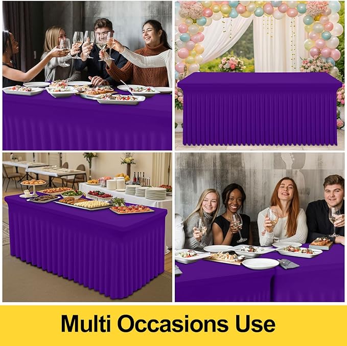 Smiry Spandex Tablecloth 2 Pack, Elastic Fitted Stretch Tablecloth for 8FT Rectangle Tables, Waterproof Washable Table Cover Skirt for Wedding, Banquet & Parties (Purple, 96Lx30Wx30H Inch)