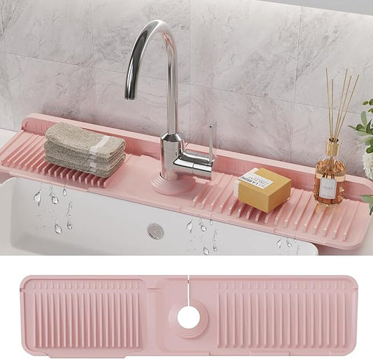 WAFT YEARN 24X5 Inch Silicone Durable Faucet Mat Kitchen Sink Splash Guard Draining Protector Tray Liner Absorbent Protective Counter Accessories For Sink Kitchen Bathroom Laundry Room Bar & RV Pink