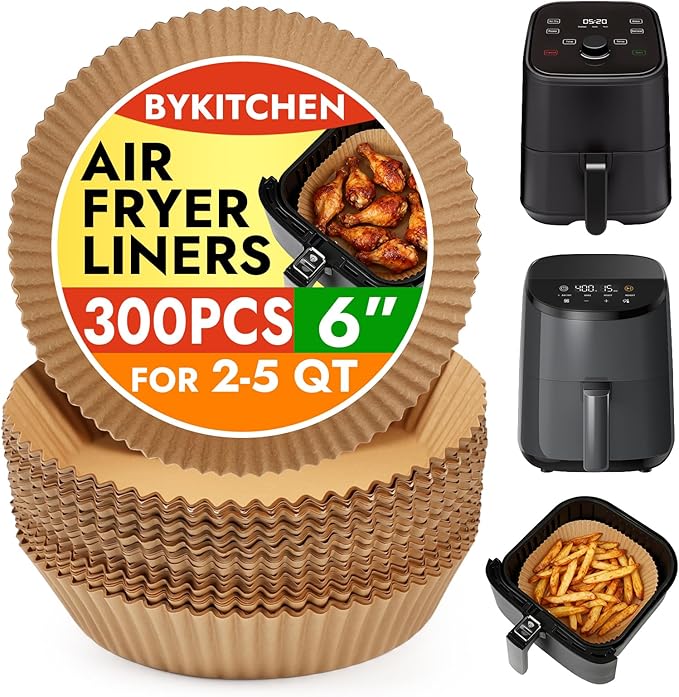 BYKITCHEN 300PCS Small Disposable Air Fryer Liners for 2 to 5QT Airfryer, Round Air Fryer Parchment Paper Liners, Compatible with Ninja AF101 4 QT, CHEFMAN 2 QT, Cosori 2.1QT, Dash 2.6 Quart & More