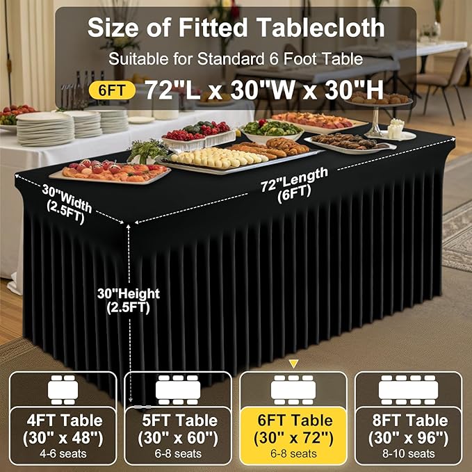 Smiry Spandex Tablecloth 2 Pack, Elastic Fitted Stretch Tablecloth for 6FT Rectangle Tables, Waterproof Washable Table Cover Skirt for Outdoor, Wedding, Banquet & Parties (Black, 72Lx30Wx30H Inch)