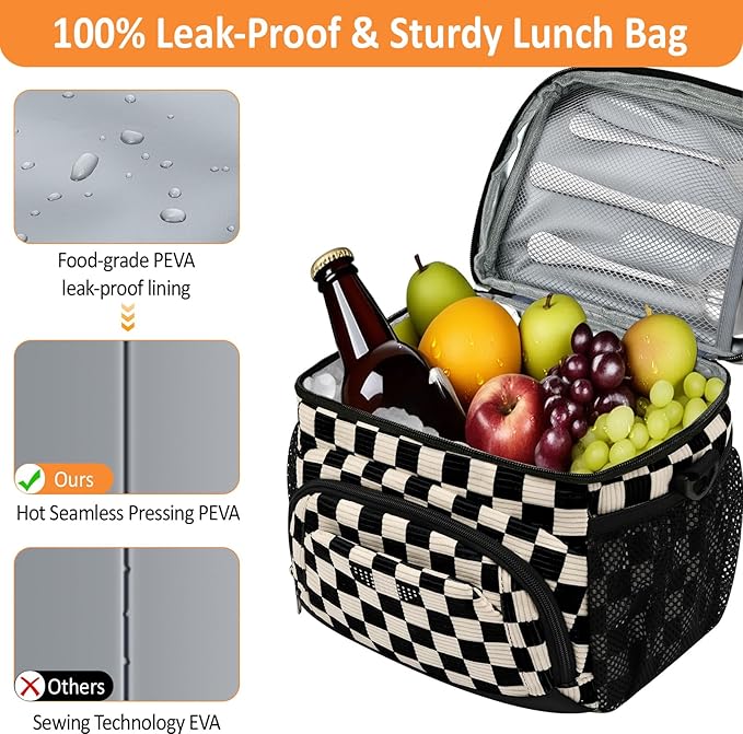 Vankor Insulated Lunch Bag for Men Women, Reusable Lunch Box Leakproof Cooler Lunch Tote Bag with Adjustable Shoulder Strap for Work Office Picnic Beach Travel, Corduroy Black White Checkered