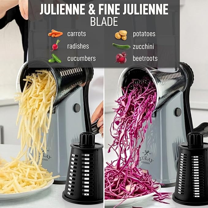 Zulay Kitchen Rotary Cheese Grater 5 Blade Cheese Shredder - Manual Hand Crank Cheese Grater With Reinforced Suction & 5 Interchangeable Drums - Easy to Use, Vegetable Chopper Round Mandoline Slicer