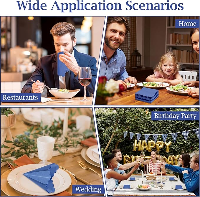 100 Pcs Cocktail Napkins, 2-Ply 5 x 5 Inches Disposable Scalloped Napkins, Thick Premium Dessert Napkins for Party, Wedding, Dinner, Birthday, Anniversary, Festival (Navy Blue)