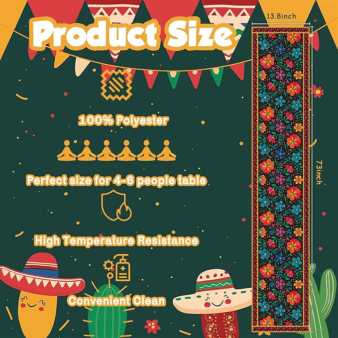 Mexican Fiesta Table Runner - Cinco De Mayo Decorations for Fiesta Party Decorations | Dia De Los Muertos Decorations Cinco De Mayo Rustic Linen Home Dining Room Kitchen Table Decor