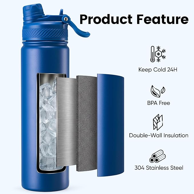 Fijinhom 24 oz Insulated Water Bottle, 2-in-1 Straw and Spout Lid Stainless Steel Thermos, Leak-Proof, Double Wall Vacuum Flask, Keep Cold 24H for Outdoor, Sports, Travel, School (Blue)