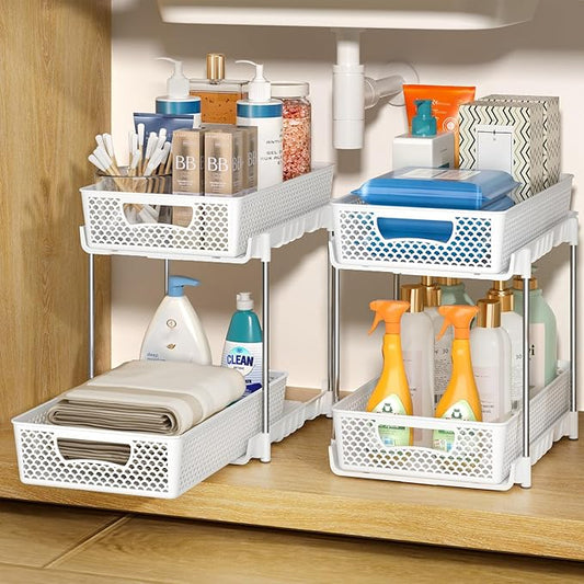 DABIGE 2 Pack Pull Out Bathroom Organizers and Storage, 2 Tier Stackable Under Sink Storage Organizer for Bathroom, Kitchen Cabinet, Pantry, and Medicine Holder, Organization and Storage - White