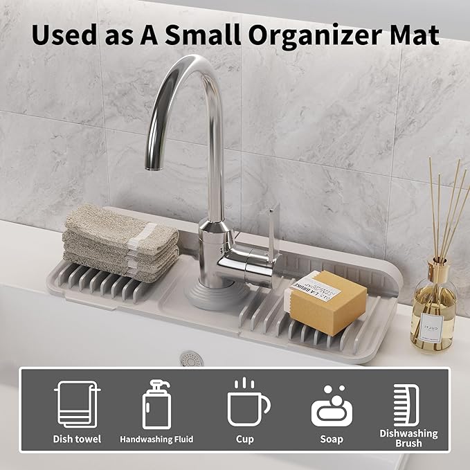 WAFT YEARN 14X5 Inch Silicone Durable Faucet Mat Kitchen Sink Splash Guard Draining Protector Tray Liner Absorbent Protective Counter Accessories For Sink Kitchen Bathroom Laundry Room Bar & RV Grey