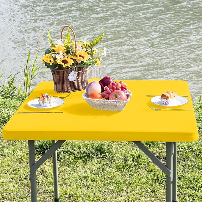 Square Fitted Table Cover Elastic Tablecloth Stretch Spandex Table Topper Cap Cover for Dining Kitchen Home Party Yellow 34X34 Inch