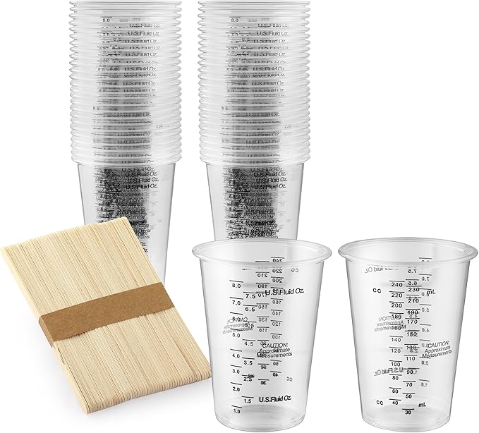 50PCS Resin Epoxy Mixing Cups, DQELFA 8oz Clear Plastic Paint Measuring Cups with 50pcs Wooden Stirring Sticks for Epoxy Resins, Mixing Paint, Pigments, Resins