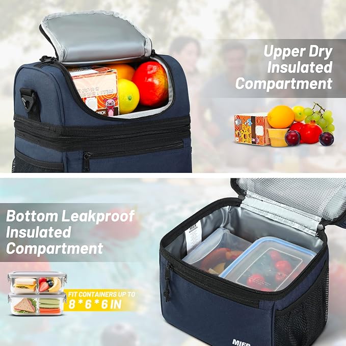 MIER Insulated Lunch Box Dual Compartment Lunch Bag Leakproof Cooler for Men Women Adult Work, Navy Blue, Medium (Upgraded Extra-Tall Bottom Layer)