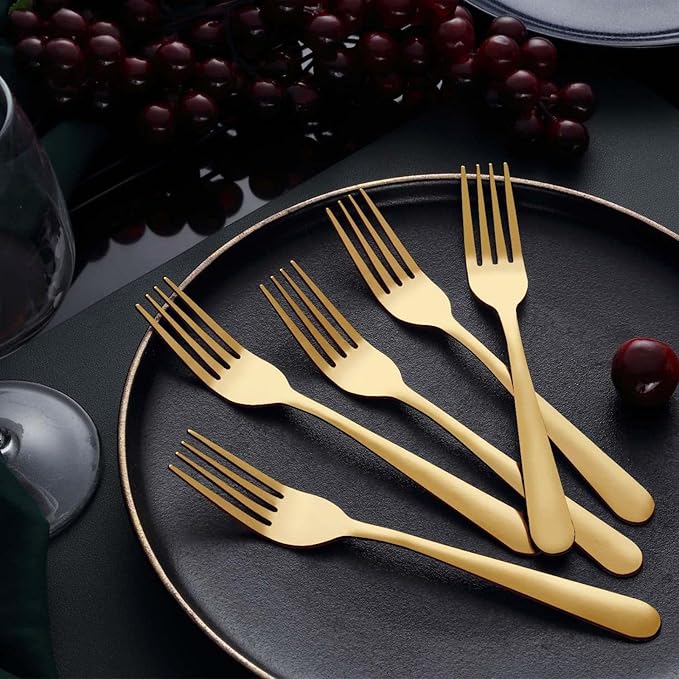 Unokit 24-Piece Stainless Steel Dinner Forks Silverware - 8 Inch Silver Dinner Forks Set of 24, Forks Set, Flatware Forks for Home, Kitchen or Restaurant, Mirror Polished, Dishwasher Safe, Gold