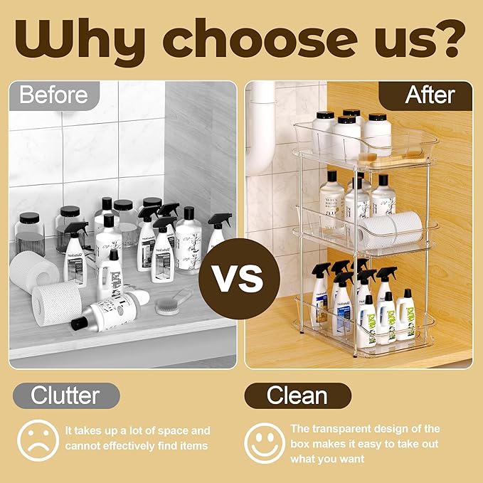 incostar 3 Tier Under Sink Organizer, Pull-Out Storage Organizer with Dividers, Ideal for Organizing Cupboard,Bathroom Vanities,Cabinet, Slide-Out Clear Storage (2 Pack 3 Tier)
