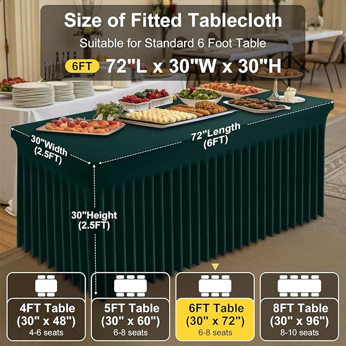 Smiry Spandex Tablecloth, Elastic Fitted Stretch Tablecloth for 6FT Rectangle Tables, Waterproof Washable Table Cover Skirt for Outdoor, Wedding, Banquet & Parties (Hunter Green, 72Lx30Wx30H Inch)