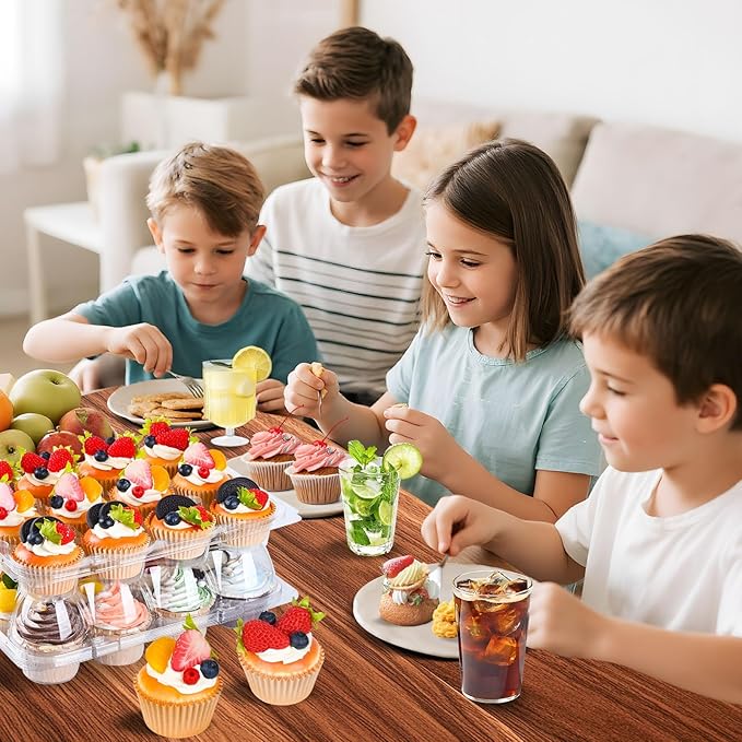 Plastic Cupcake Containers 12 Count (12 Sets), Stackable Cupcake Boxes Holders with Tall Dome Lid, Disposable Cupcake Carrier Trays Include 150 Cupcake Liners