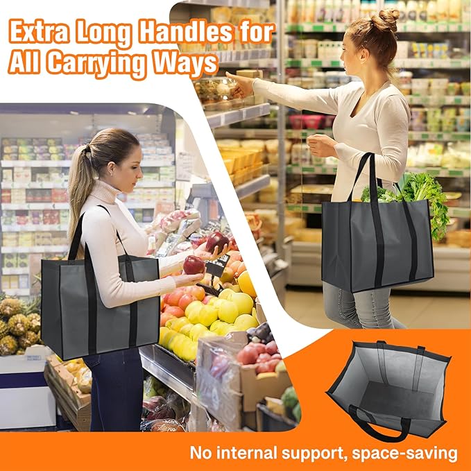 WISELIFE Reusable Grocery Bags with Handles - 3 Pack, 35L Large Shopping Bags for Groceries, Water-Resistant & Foldable Grocery Totes for Lasting Use for Kitchen, Market, Car Trunk, Picnic (Gray)