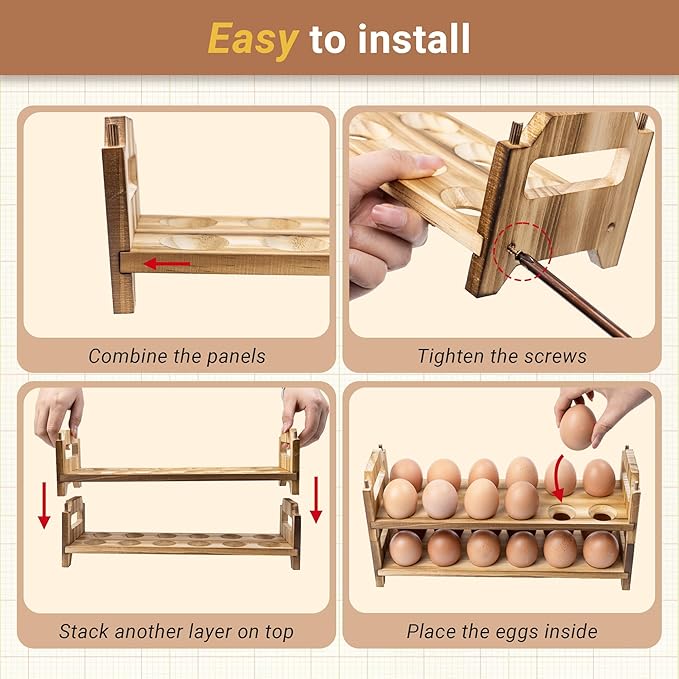 Yuoyar Wooden Fresh Egg Holder Countertop - Stackable egg storage for Gathering Fresh Eggs - 24-Hole Egg Rack for Counter