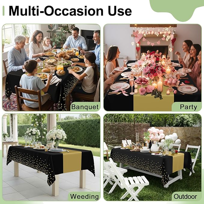 Smiry Plastic Table Cloth Disposable 10 Pack, 54 x 108 Inch Rectangle Waterproof Tablecloth, Printed Gold Table Runner Style for Birthday Weeding, Party Decorations, Leakproof & Sturdy, Black and Gold