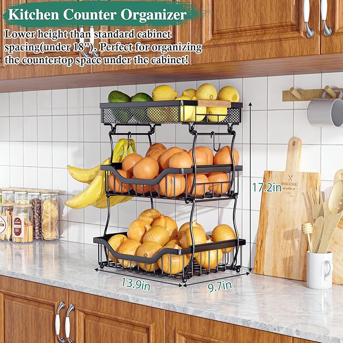 OKZEST 3-Tier Fruit Basket for Kitchen Counter, Wall Hanging Fruit Bowl and Kitchen Countertop Organizer with 2 Banana Hangers, Fruit Storage Stand for Storing Potato Onion Snack Bread Fruit Veggie