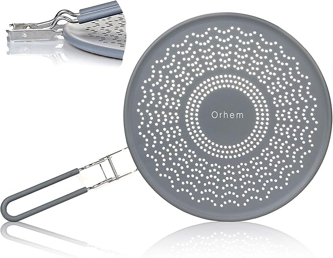 11" Silicone Splatter Screen Pan Cover with Folding Handle, Heat Insulation Cooling Mat, Strainer, Drain Board, Oil Splash Guard for Frying Pan