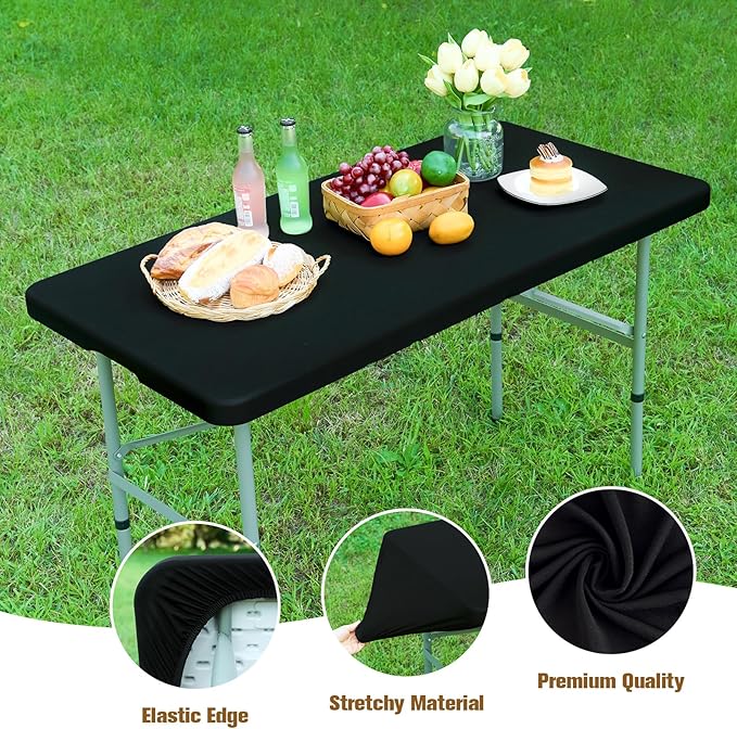 NEWISHER Black Rectangular Tablecloth 72" x 30", Elastic Edge, Stretch Spandex Polyester, Fits 6ft Table, Ideal for Indoor/Outdoor Events