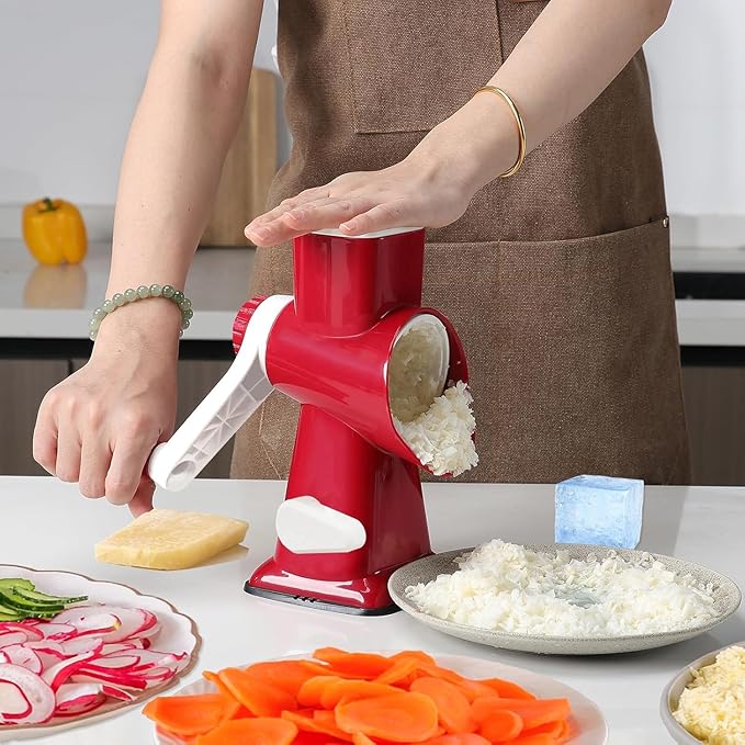 KalraMay Rotary Cheese Grater with Handle, Multifunctional Kitchen tool, Stainless Steel Rotary Grater Slicer for Fruit, Vegetables, Nuts (Red)