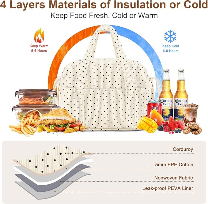 KUBYA Corduroy Lunch Box Lunch Bag for Women Adults Men, Cute Insulated Work Reusable Leakproof Simple Large Lunch Boxes Tote Bag Adults Cooler Bag, with Shoulder Strap