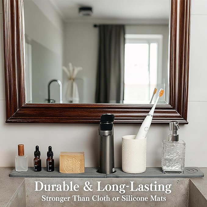 Stone Faucet Mat for Kitchen Sink, Quick Drying Mats, Water Absorbing Guard & Sink Protectors, Diatomite Bathroom Counter Tray, Kitchen Decor Home Accessories - Dark Grey, Medium, 19.7''x4''