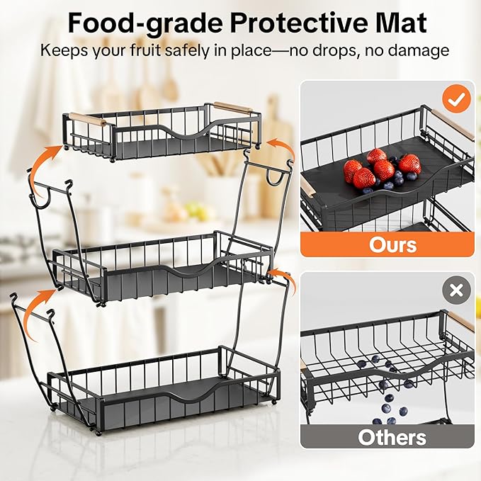 3 Tier Fruit Basket for Kitchen Countertop with 2 Banana Hangers,Detachable Metal Fruit Bowl with Wooden Handles and Protective Pads,Large Capacity Fruit and Vegetable Basket Organizer,Black