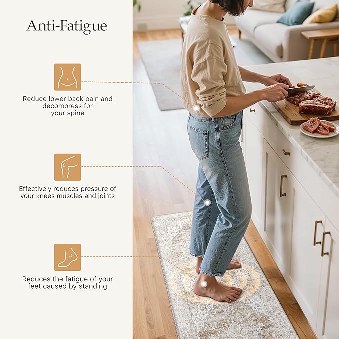 GENIMO Kitchen Mats for Floor, 2PCS Kitchen Rugs Non Slip Washable, Waterproof Anti Fatigue Mat, Comfort Standing Runner Rug for Sink, Office, Laundry, Home, 20"x32"+20"x48", Blue&Brown