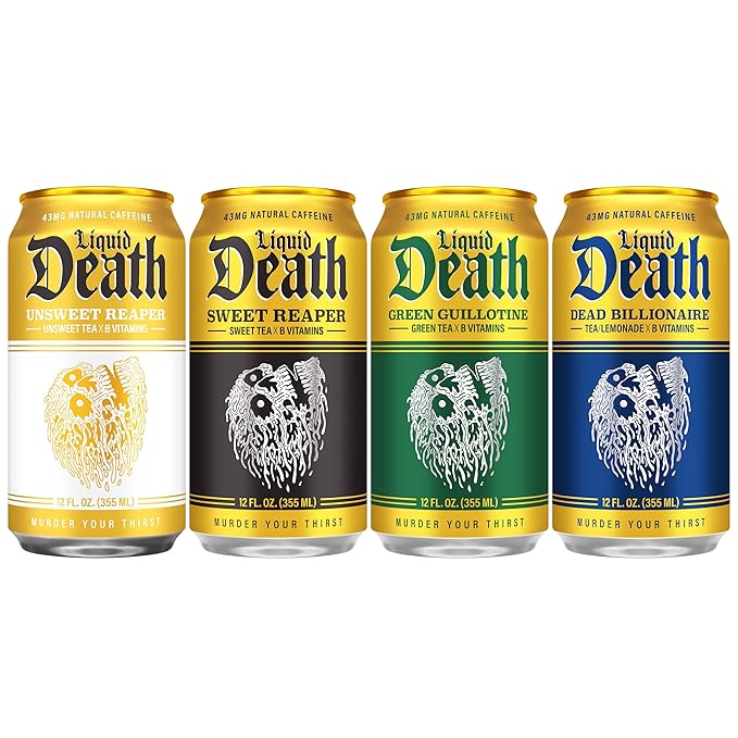 Liquid Death Iced Tea - Classic Variety, Less Sugar*, Boost of Caffeine, B Vitamins, No Artificial Sweeteners, 4 Flavors: Tea/Lemonade, Unsweet Reaper, Sweet Reaper, Green Guillotine, 12 Fl Oz (Pack of 12)
