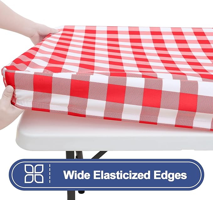 Smiry Picnic Table Cloth 2 Pack, Waterproof Elastic Fitted Tablecloths for 18x72 Rectangle Tables, Washable Polyester Buffalo Plaid Tablecloth for Camping, Dining & Outdoor (Red & White, 18" x 72")