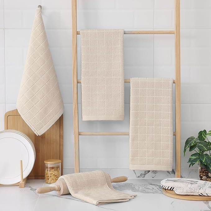Homaxy 100% Cotton Terry Kitchen Towels(Beige, 13 x 28 inches), Checkered Designed, Soft and Super Absorbent Dish Towels, 5 Pack