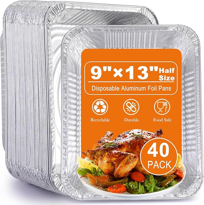 Aluminum Foil Pans 9x13 Disposable - Half Size Aluminum Foil Heavy Duty deep Steam Table Pan, Tin foil Turkey Sheets Tray Chafing Grill Accessories for Cooking, Baking, Storing, Food Prepping (40)