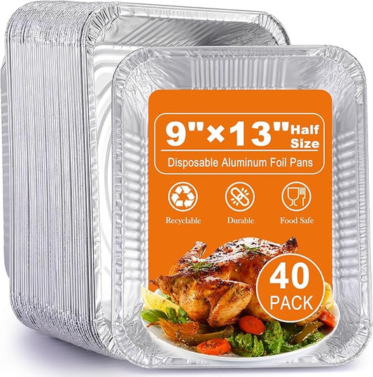 Aluminum Foil Pans 9x13 Disposable - Half Size Aluminum Foil Heavy Duty deep Steam Table Pan, Tin foil Turkey Sheets Tray Chafing Grill Accessories for Cooking, Baking, Storing, Food Prepping (40)
