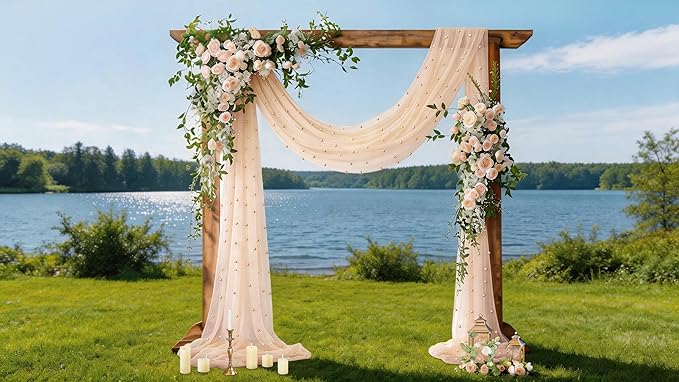 Socomi Pearl Table Runner Peach Summer Wedding Arch Draping Fabric 19FT Sheer Tulle Chiffon Gauze Cheese Cloth Outdoor Drapes for Birthday Party Baby Shower Bridal Engagement Decor