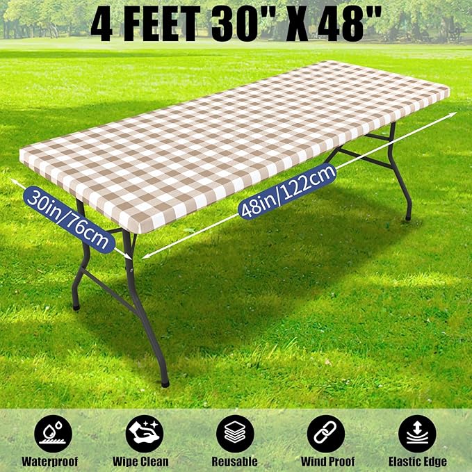 Smiry Picnic Table Cloth 2 Pack, Waterproof Elastic Fitted Tablecloths for 4FT Rectangle Tables, Washable Polyester Buffalo Plaid Tablecloth for Camping, Dining & Outdoor (Khaki & White, 30" x 48")