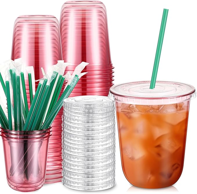 Baderke 25 Set Plastic Cups with Lids and Straws, Disposable Plastic Iced Coffee Cup for Cold Beverage Juice Smoothie Crystal for Coffee Shops Party Catering (Pink,14 oz)