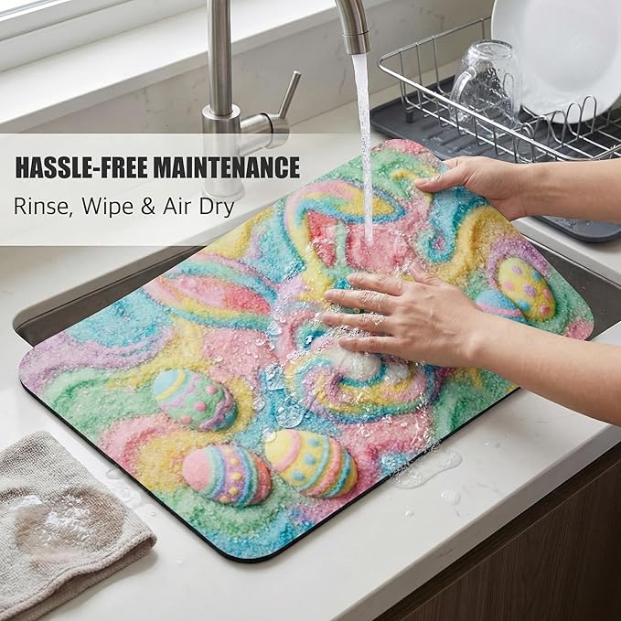 Pastel Rainbow Easter Dish Drying Mat: 12’’x20’’ Easter Smiling Bunny & Decorated Eggs Design Absorbent Non-Slip Counter Protector - Spring Holiday Kitchen Bar Coffee Mat Station Pad
