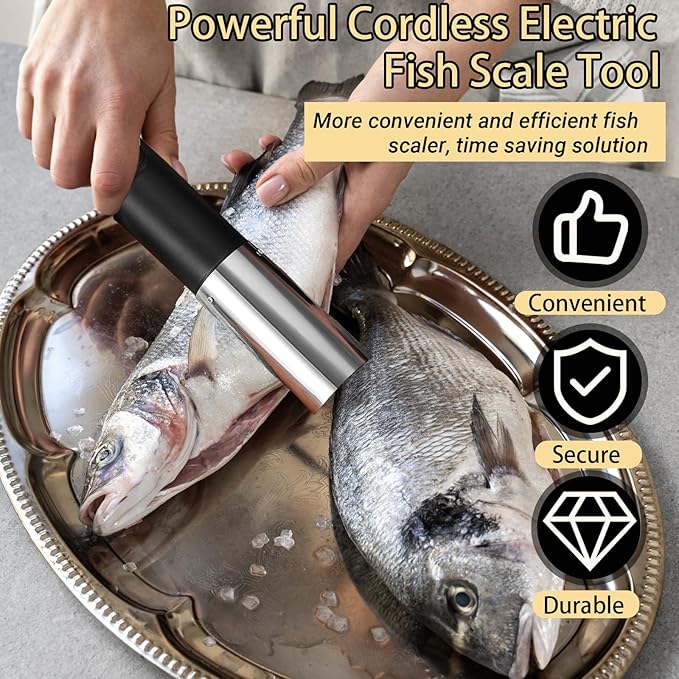 Electric Fish Scaler, Fish Scale Remover with Stainless Steel Roller Blade, Built-In Rechargeable Battery, Professional Fish Descaler Tool for Chef and Home Cooks Fish Cleaning Tools