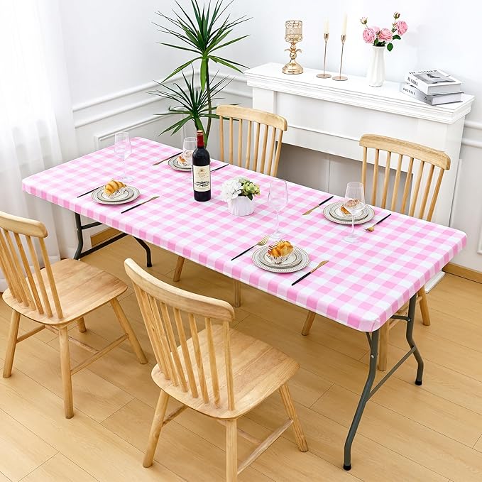 Smiry Picnic Table Cloth 2 Pack, Waterproof Elastic Fitted Tablecloths for 4FT Rectangle Tables, Washable Polyester Buffalo Plaid Tablecloth for Camping, Dining & Outdoor (Pink & White, 30" x 48")