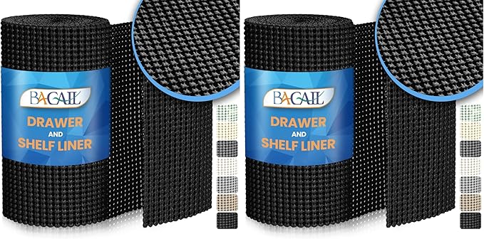 BAGAIL Drawer and Shelf Liner, 12 in X 10 Ft Non-Adhesive Shelf Liners for Kitchen Cabinets, Thick Strong Grip Liners for Desk, Shelves, Bathroom Drawers, Cabinet Protection - Black (Pack of 2)