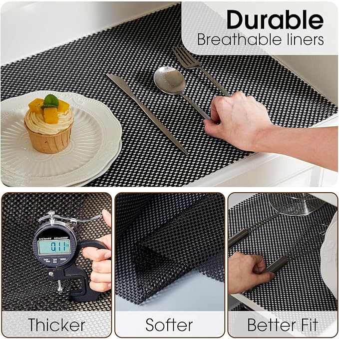 Shelf Liner for Kitchen Cabinet, Drawer Liners Non Slip Non Adhesive Thick Mat, Breathable Dresser Pantry Bathroom Protector, Black, 20" x 120"