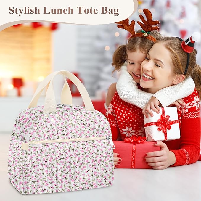 KUBYA Lunch Box for Women, Cute Flower Corduroy Insulated Lunch Bag Women Reusable Work Leakproof Simple Adults Large Lunch Boxes Tote Bag Men Cooler Bag