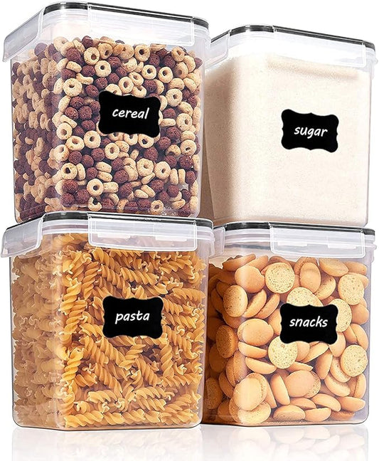 Vtopmart Food Storage Containers 2.5L / 84.5oz, 4 Pieces BPA Free Plastic Airtight Canister for Flour, Sugar, Baking Supplies, with 4 Measuring Cups and 24 Labels, Black
