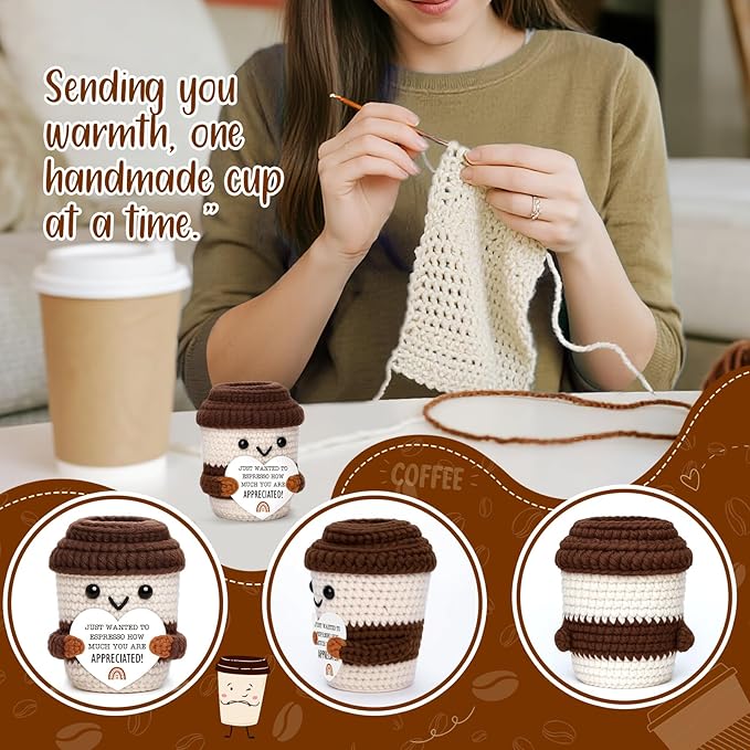 OCCdesign Mini Appreciation Gift for Women Men Coworkers Teachers Boss Nurses Handmade Crochet Coffee Cup Thank You Gift for Friends Roommates Staff Employees Volunteers Birthday Office Desk Decor