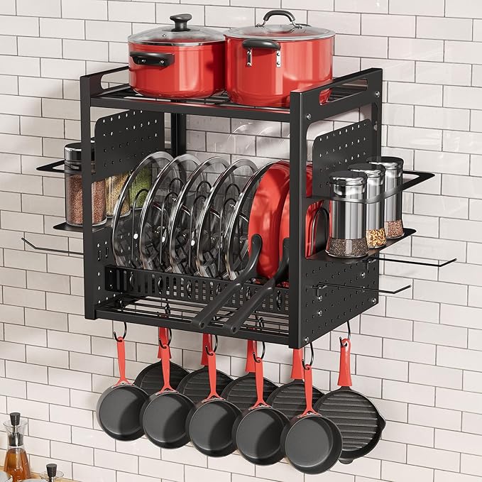 16 Inch Pot Rack Wall Mounted, 2-Tier Pots and Pans Organizer with 10 Hooks & Pan Organizer and Spice Rack, Heavy Duty Hanging Pot Hanger for Kitchen Cookware, Utensils, Black