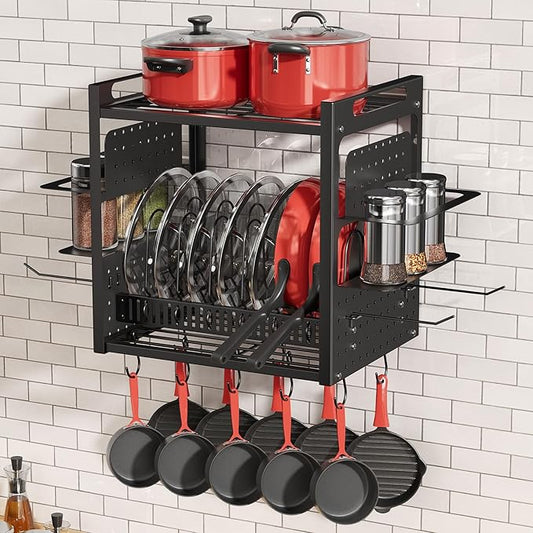 16 Inch Pot Rack Wall Mounted, 2-Tier Pots and Pans Organizer with 10 Hooks & Pan Organizer and Spice Rack, Heavy Duty Hanging Pot Hanger for Kitchen Cookware, Utensils, Black