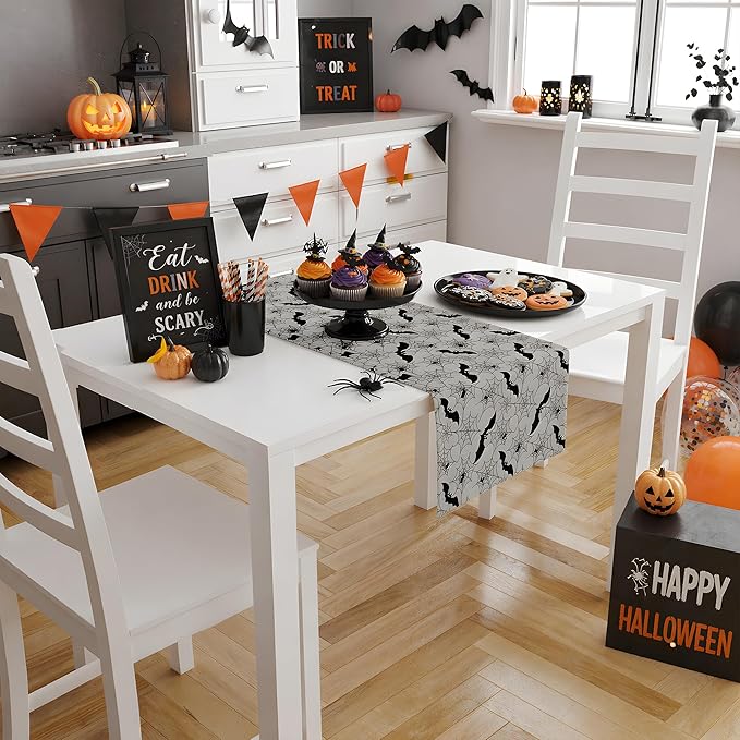 Halloween Decorations - Bats Spider Web Table Runner | Halloween Party Favors for Indoor Outdoor - Halloween Decor Supplies Backdrop Tablecloth for Home Office Kitchen